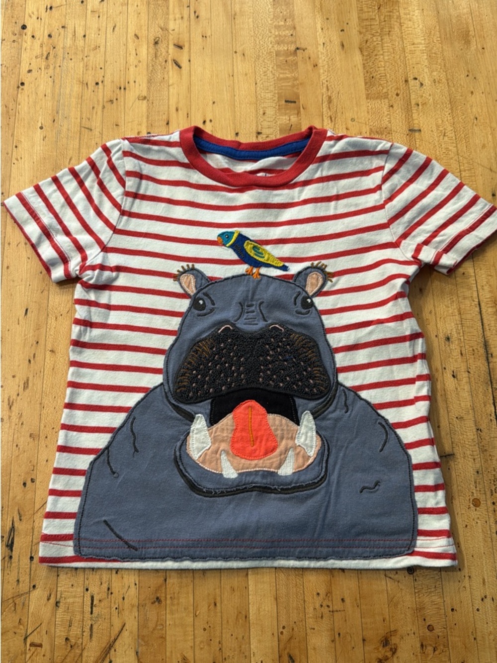 Mini Boden Red & White Striped Hippo Appliqué Tee hippo 2/3